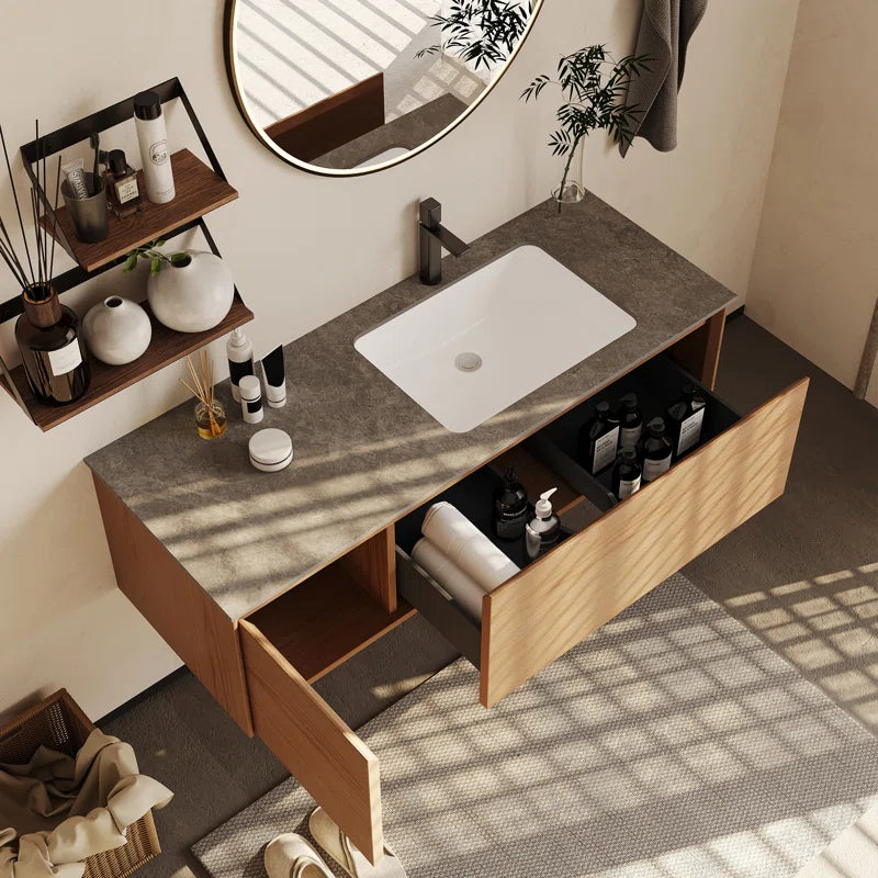 Organic Modern Floating Bathroom Vanity with Gray Stone Top - Aivah