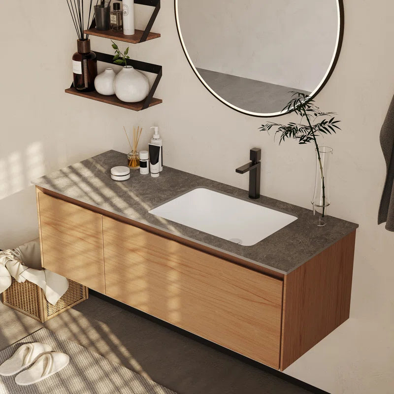 Organic Modern Floating Bathroom Vanity with Gray Stone Top - Aivah