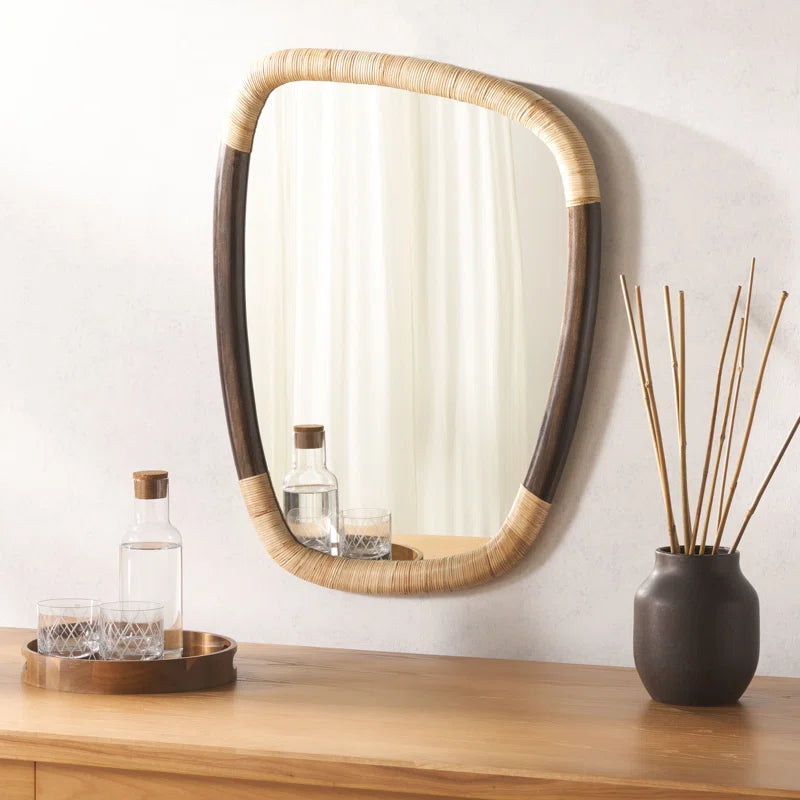 Organic Modern Wood & Rattan Wall Mirror - Almando